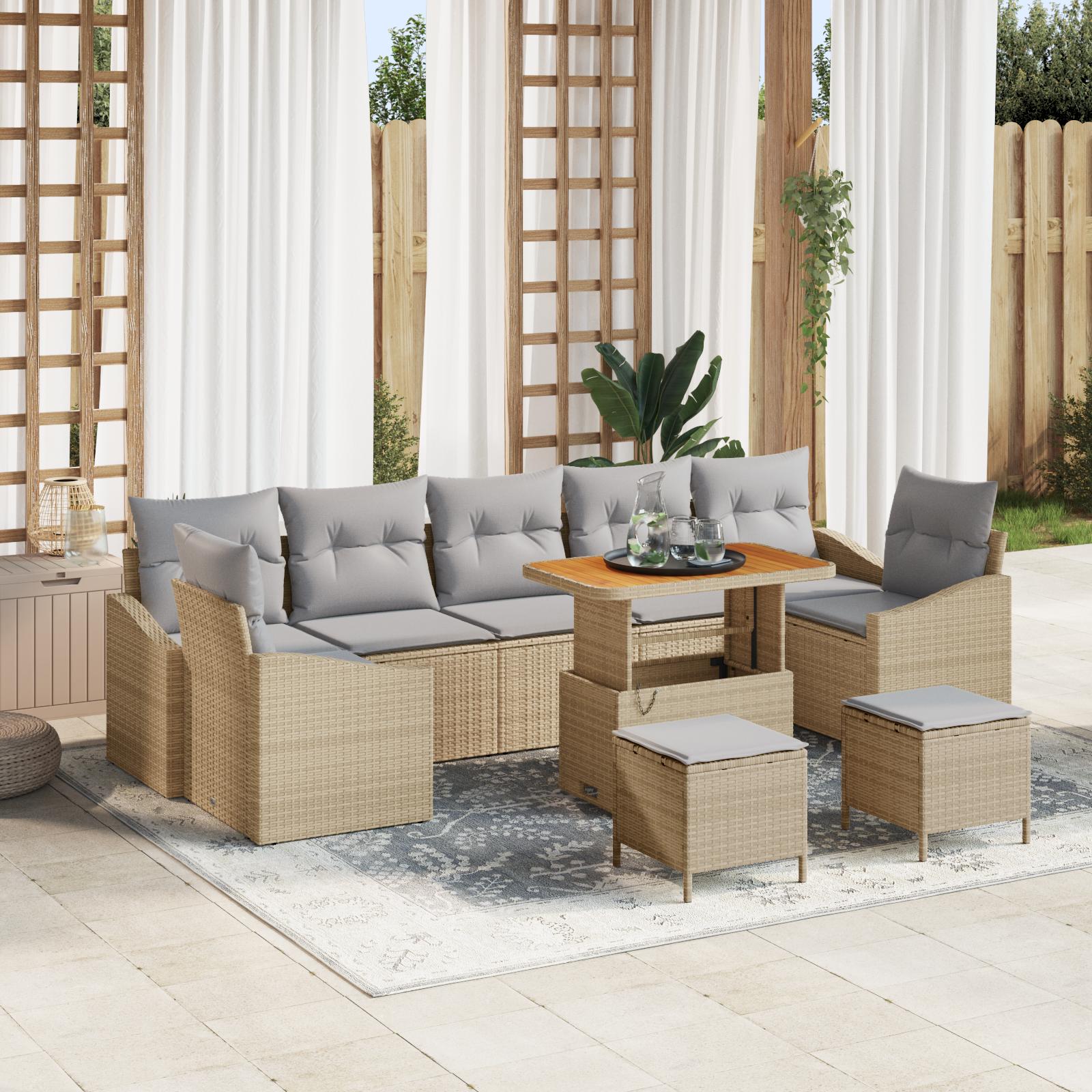 Havesofa sæt i beige polyrattan med puder - 10 dele, modulært med højdejusterbart bord Havesofa sæt i beige polyrattan med puder - 10 dele, modulært med højdejusterbart bord