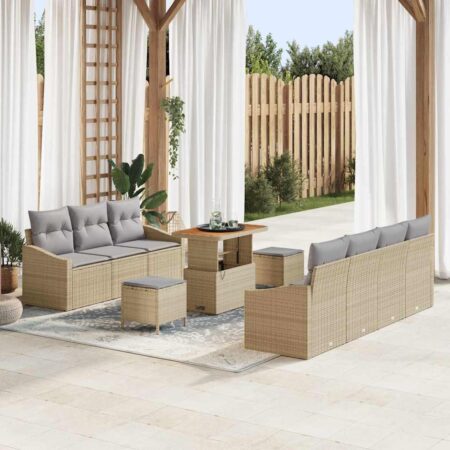Havesofa-sæt i beige polyrattan med puder - 10 dele, modulært med højdejusterbart bord
