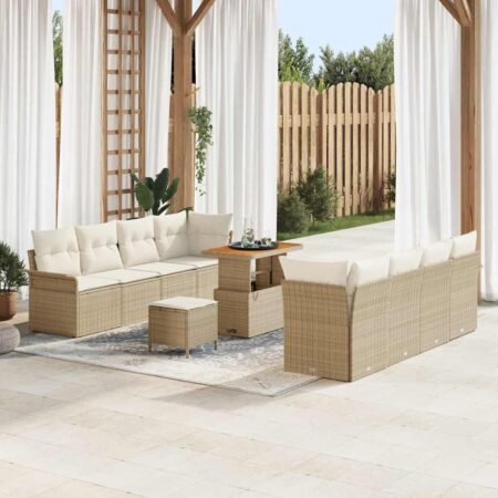 Havesofa-sæt i beige polyrattan med puder - 11 dele, højdejusterbart bord