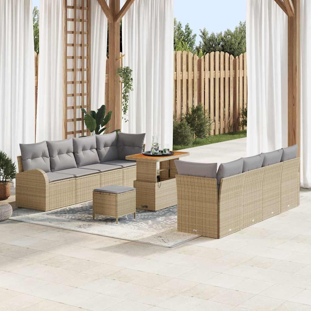 Havesofa-sæt i beige polyrattan med puder - 11 dele, modulopbygget og bord i akacietræ Havesofa-sæt i beige polyrattan med puder - 11 dele, modulopbygget og bord i akacietræ