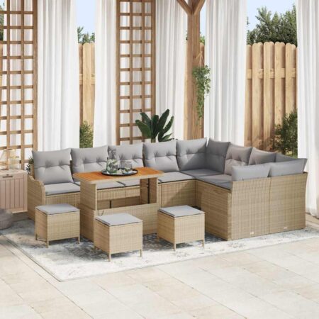 Havesofa-sæt i beige polyrattan med puder - 13 dele og højdejusterbart bord