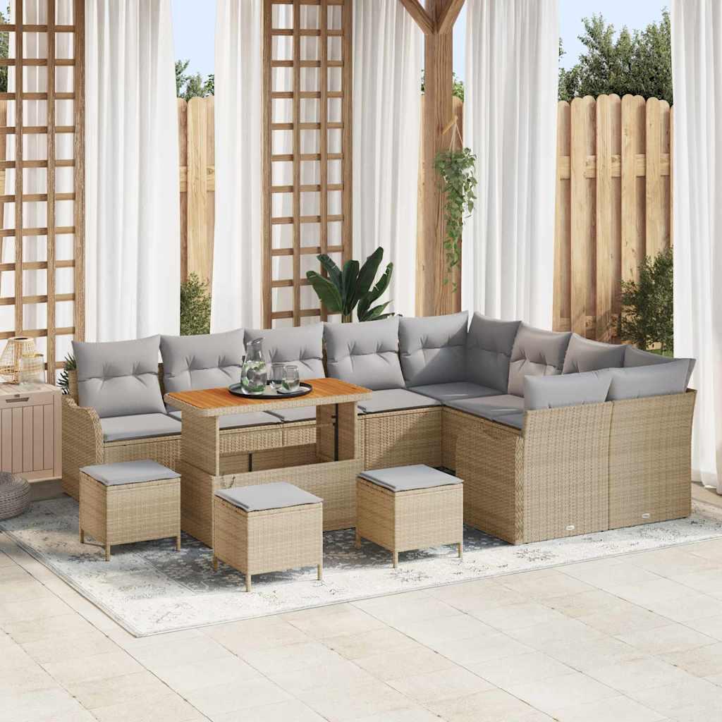 Havesofa-sæt i beige polyrattan med puder - 13 dele og højdejusterbart bord Havesofa-sæt i beige polyrattan med puder - 13 dele og højdejusterbart bord