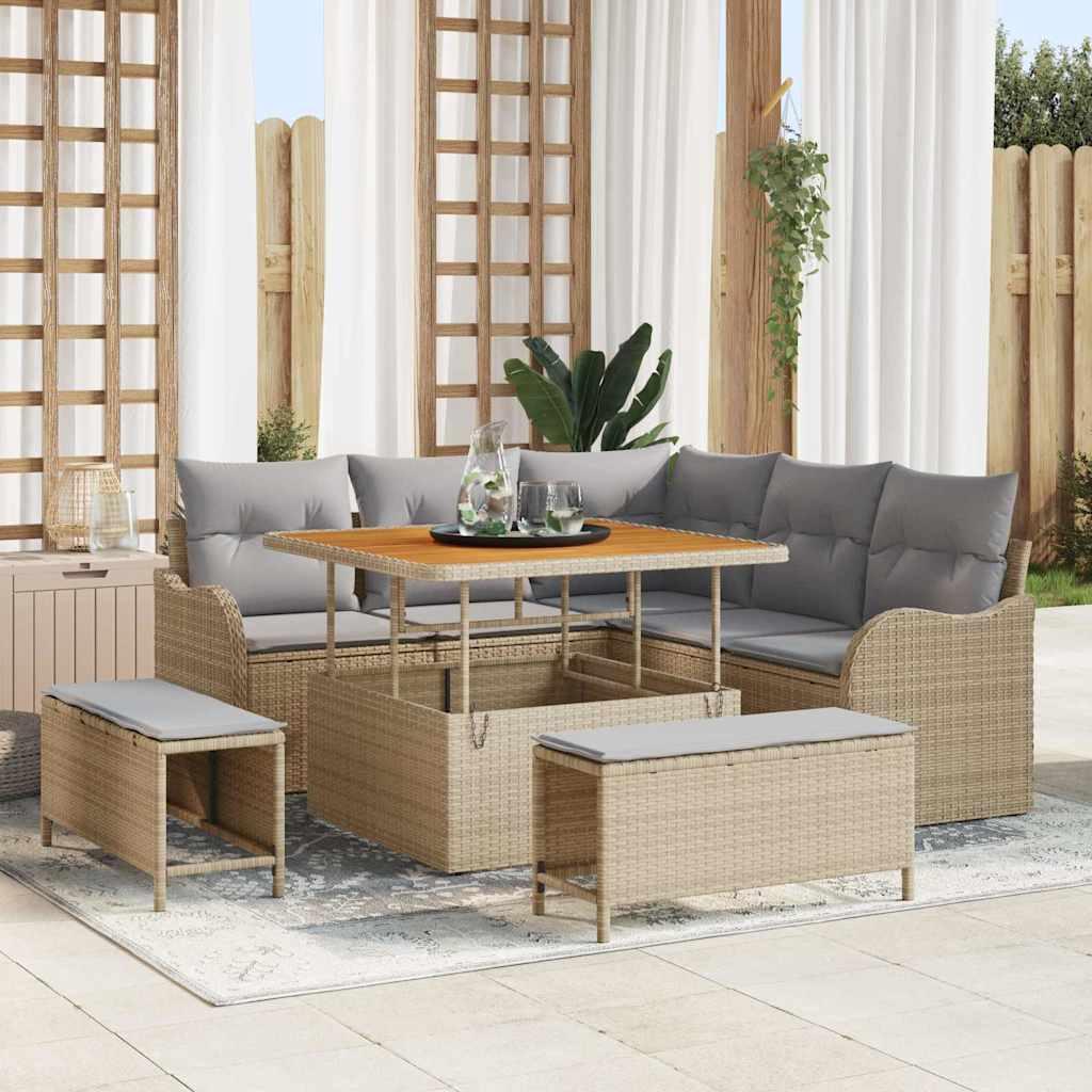Havesofa-sæt i beige polyrattan med puder - 8 dele, justerbart bord Havesofa-sæt i beige polyrattan med puder - 8 dele, justerbart bord