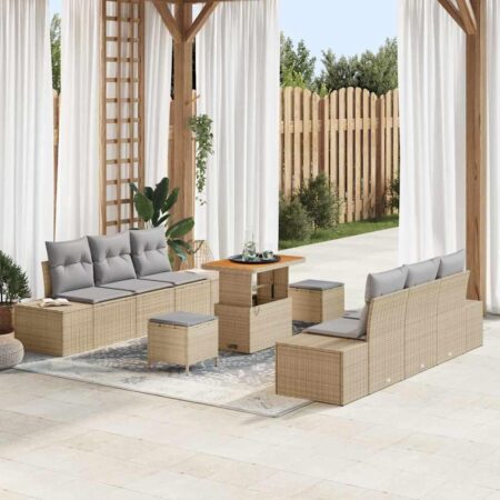 Havesofa-sæt i beige polyrattan med puder - 9 dele, modulopbygget og bord med højdejustering