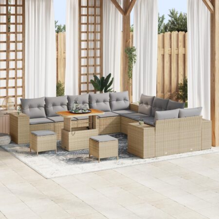Havesofa sæt i beige polyrattan - modulær lounge med 13 dele og højdejusterbart bord