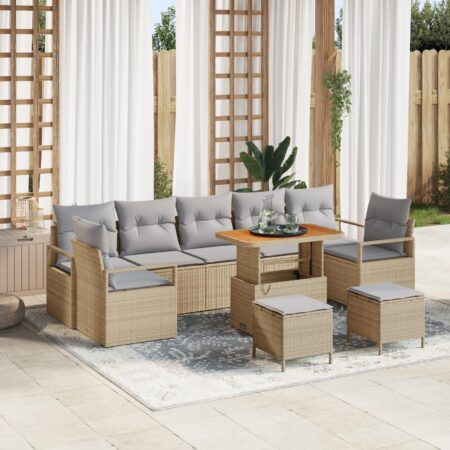 Havesofa sæt i beige polyrattan - modulær lounge med justerbart bord, 10 dele