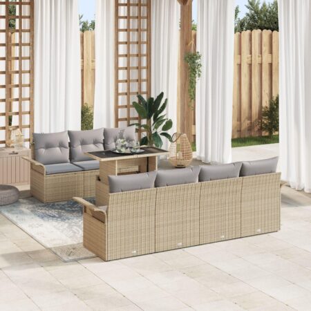 Havesofa sæt i beige polyrattan - modulært 8-dele med højdejusterbart bord