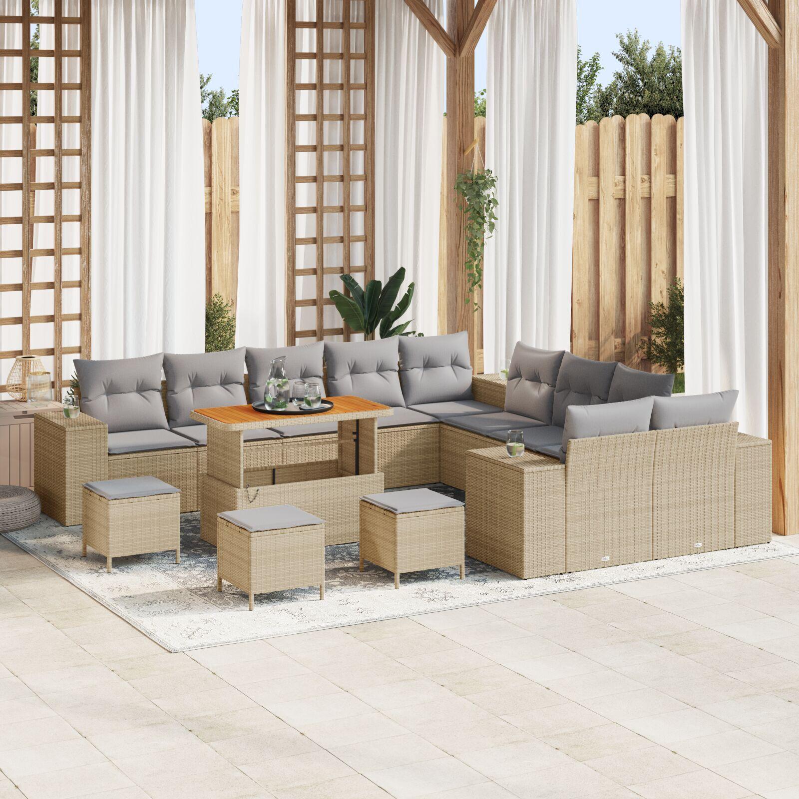 Havesofa sæt i beige/lysegrå polyrattan - modulopbygget med højdejusterbart bord, 13 dele Havesofa sæt i beige/lysegrå polyrattan - modulopbygget med højdejusterbart bord, 13 dele