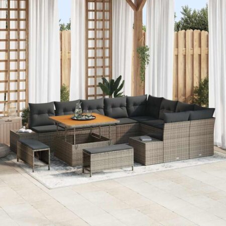 Havesofa sæt i grå polyrattan - 12 dele med puder og hæve/sænke-bord