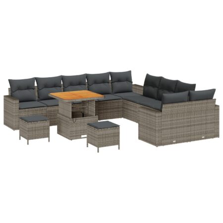 Havesofa sæt i grå polyrattan - 13 dele, modulopbygget med justerbart bord