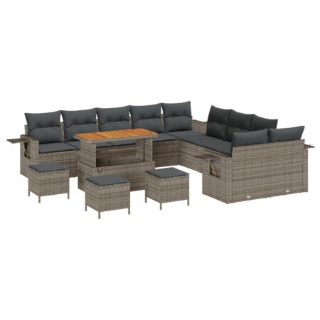 Havesofa sæt i grå polyrattan - 14 dele, modulopbygget med justerbart bord