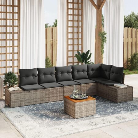 Havesofa sæt i grå polyrattan - 7 dele med puder og bord