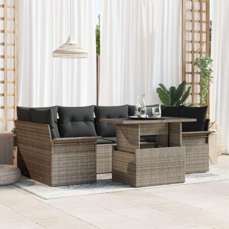 Havesofa-sæt i grå polyrattan - 7 dele med puder og højdejustbart bord