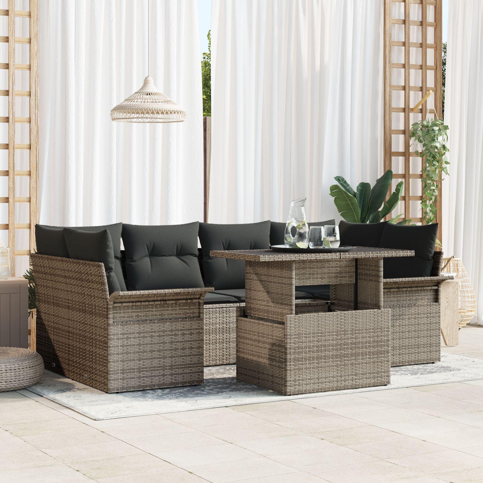 Havesofa-sæt i grå polyrattan - 7 dele med puder og højdejustbart bord Havesofa-sæt i grå polyrattan - 7 dele med puder og højdejustbart bord