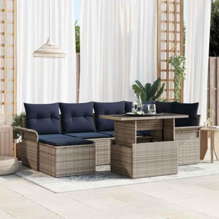 Havesofa sæt i grå polyrattan - 7 dele med puder og højdejusterbart bord