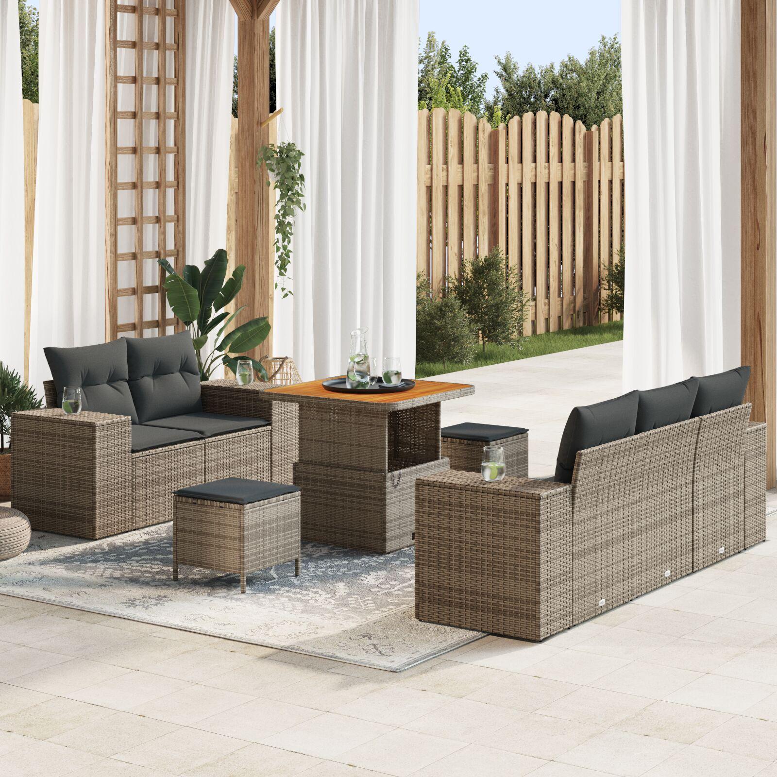 Havesofa sæt i grå polyrattan - 8 dele, modulopbygget med justerbart bord Havesofa sæt i grå polyrattan - 8 dele, modulopbygget med justerbart bord