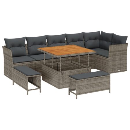 Havesofa sæt i grå polyrattan - 9 dele, modulært med justerbart bord