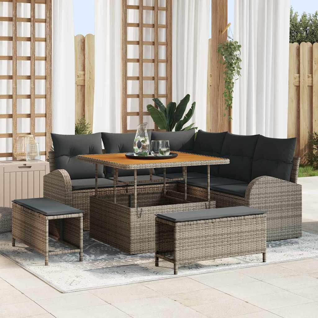 Havesofa sæt i grå polyrattan med bord - 8 dele, stål og massivt akacietræ Havesofa sæt i grå polyrattan med bord - 8 dele, stål og massivt akacietræ