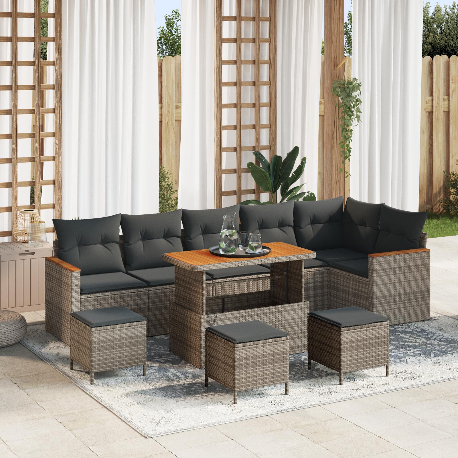Havesofa sæt i grå polyrattan med puder - 10 dele, modulært med højdejusterbart bord Havesofa sæt i grå polyrattan med puder - 10 dele, modulært med højdejusterbart bord