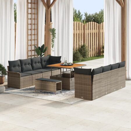 Havesofa-sæt i grå polyrattan med puder - 11 dele, højdejusterbart bord