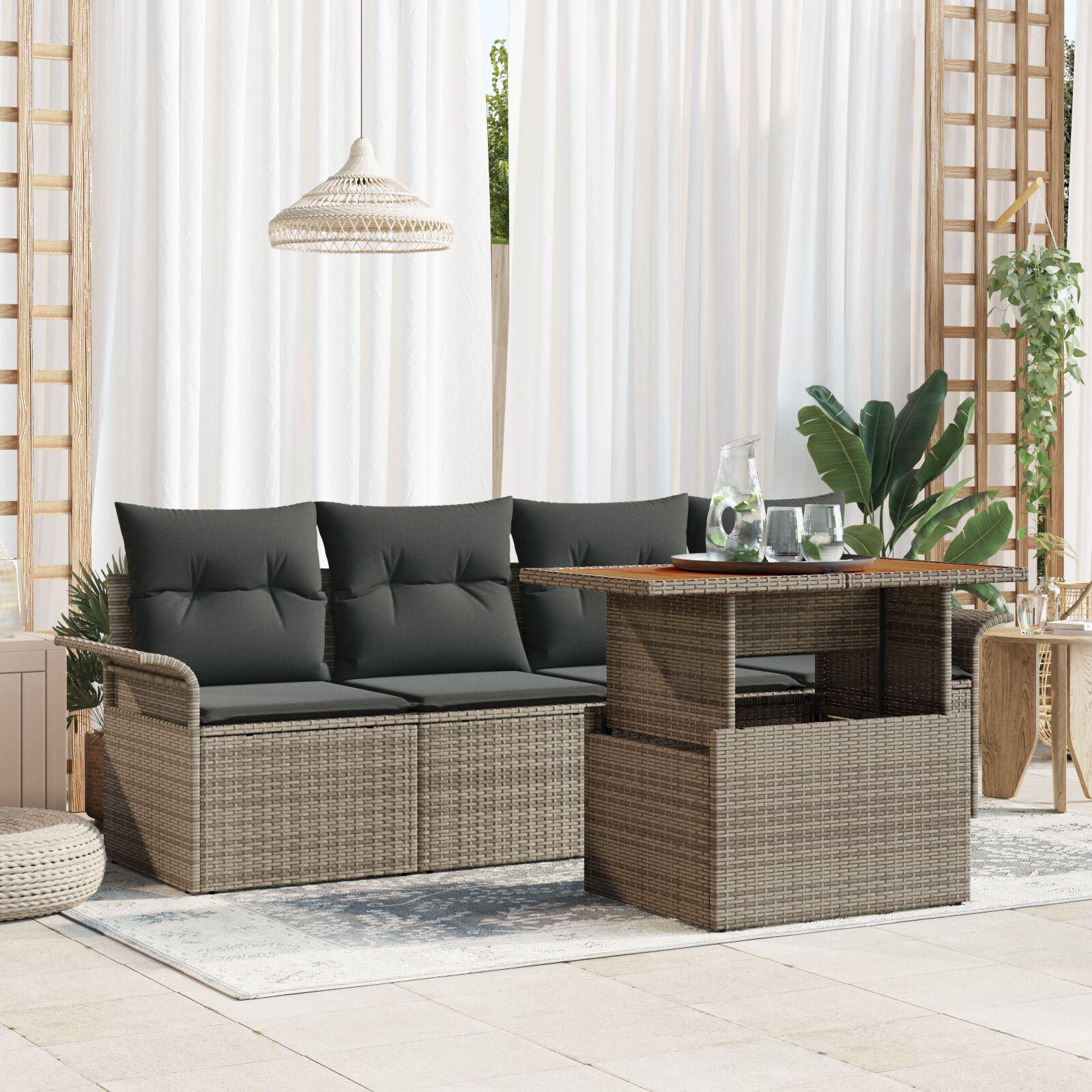 Havesofa sæt i grå polyrattan med puder - 5 dele, justerbart bord Havesofa sæt i grå polyrattan med puder - 5 dele, justerbart bord