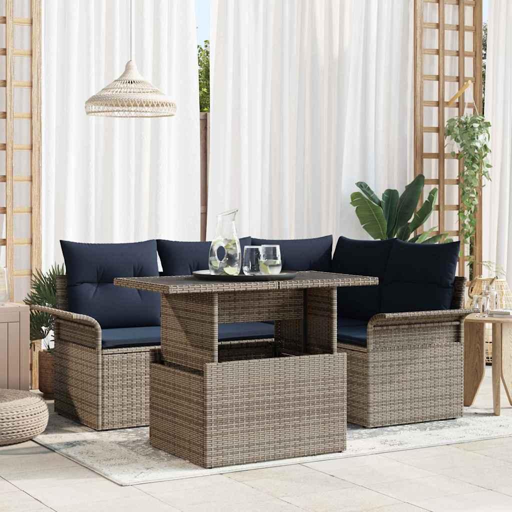 Havesofa-sæt i grå polyrattan med puder - 5 dele, modulært, højdejusterbart bord Havesofa-sæt i grå polyrattan med puder - 5 dele, modulært, højdejusterbart bord