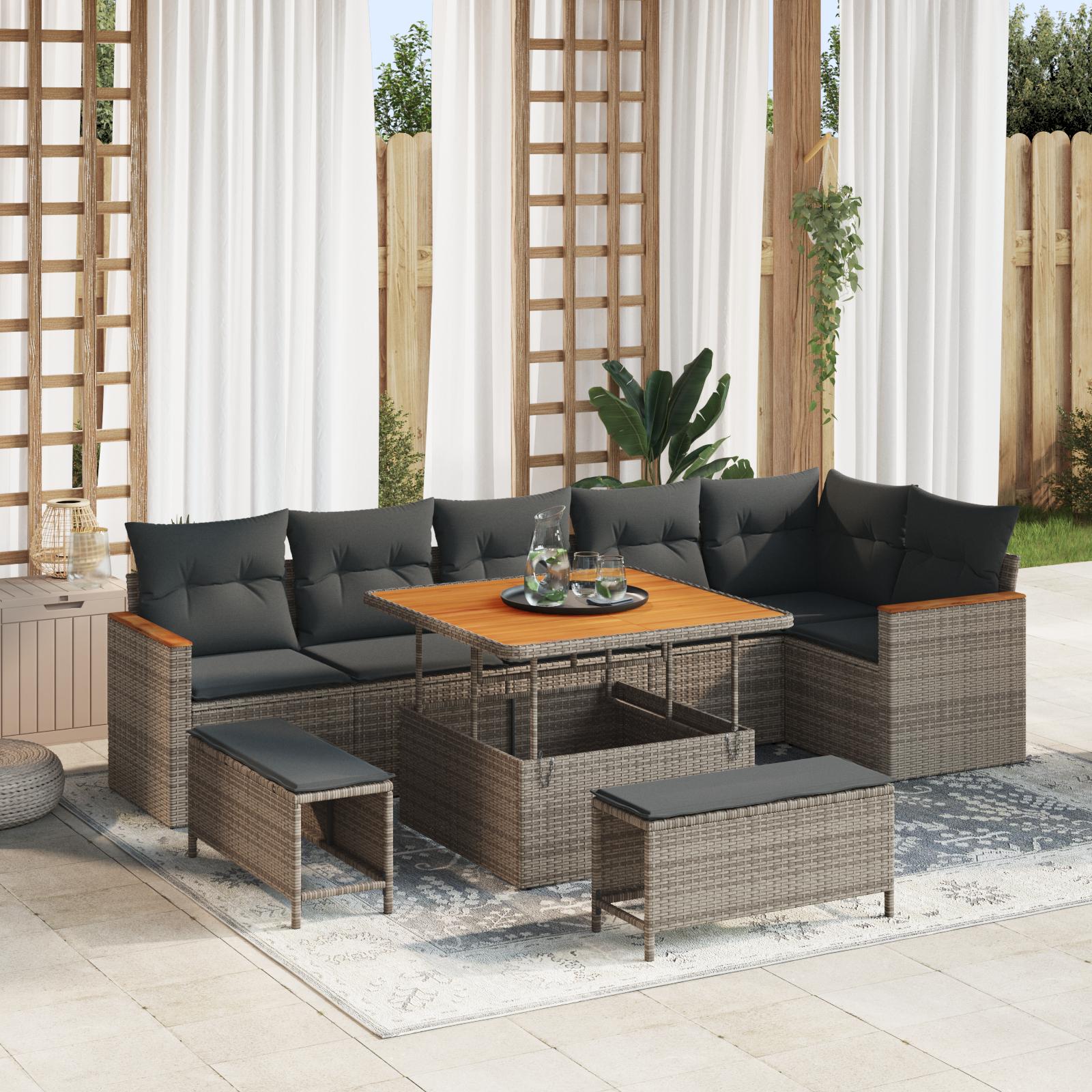 Havesofa sæt i grå polyrattan med puder - 9 dele, justerbart bord Havesofa sæt i grå polyrattan med puder - 9 dele, justerbart bord