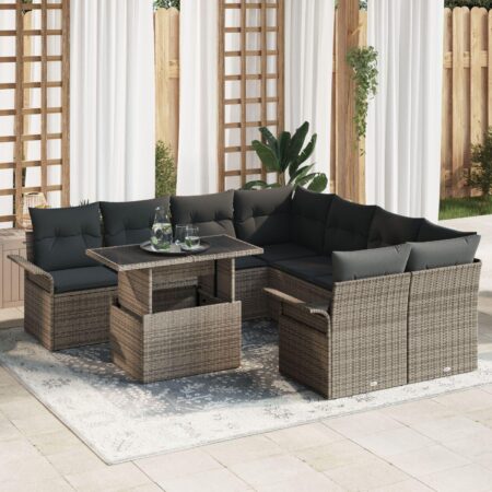 Havesofa sæt i grå polyrattan - modulsofa med 8 pladser og højdejusterbart bord, 9 dele