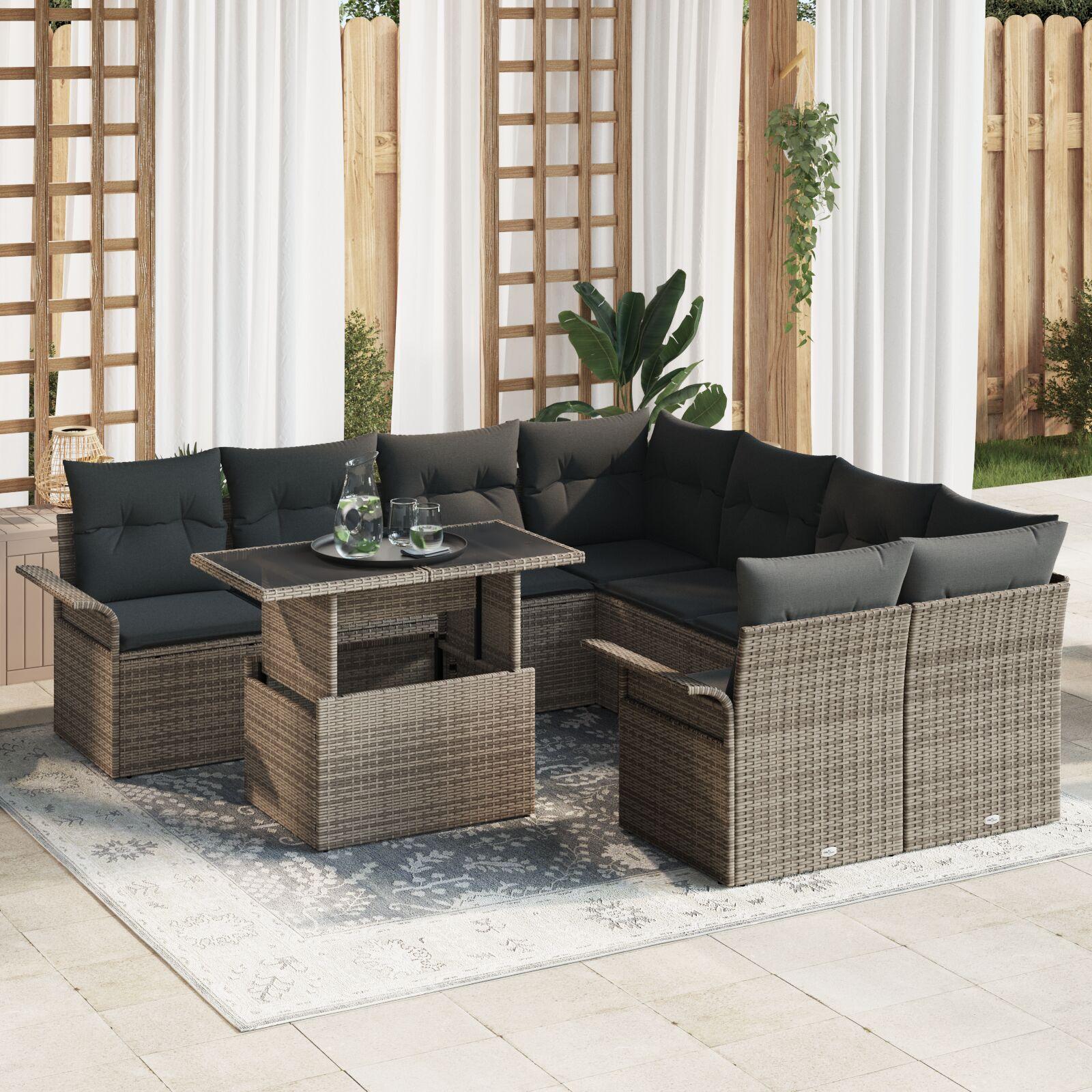 Havesofa sæt i grå polyrattan - modulsofa med 8 pladser og højdejusterbart bord, 9 dele Havesofa sæt i grå polyrattan - modulsofa med 8 pladser og højdejusterbart bord, 9 dele