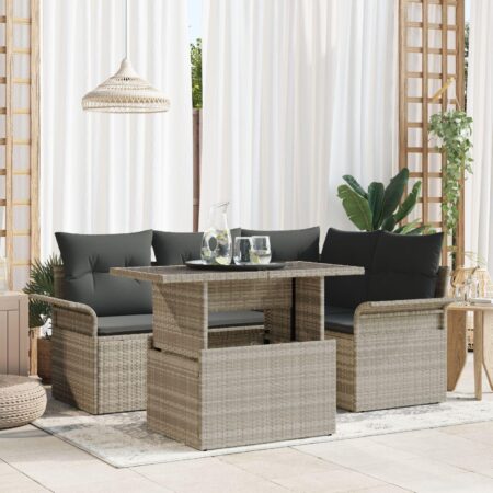 Havesofa-sæt i lysegrå polyrattan - modulært 5 dele med puder og højdejusterbart bord