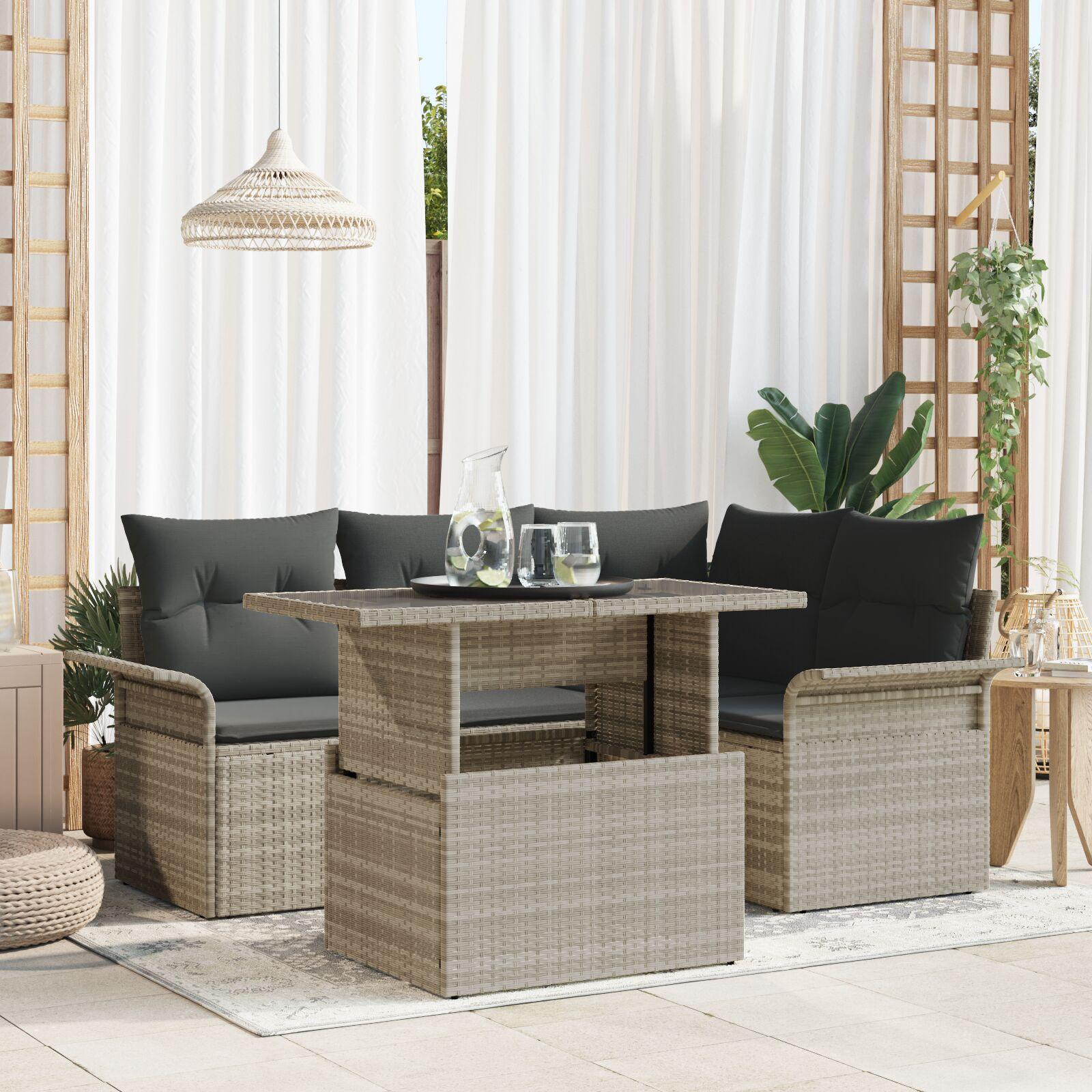 Havesofa-sæt i lysegrå polyrattan - modulært 5 dele med puder og højdejusterbart bord Havesofa-sæt i lysegrå polyrattan - modulært 5 dele med puder og højdejusterbart bord