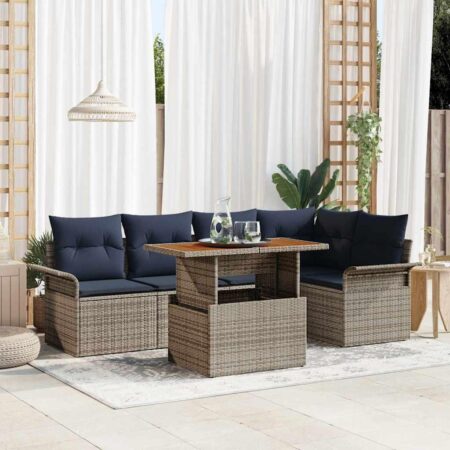 Havesofa sæt i polyrattan - 6 dele, grå/marineblå, justerbart bord