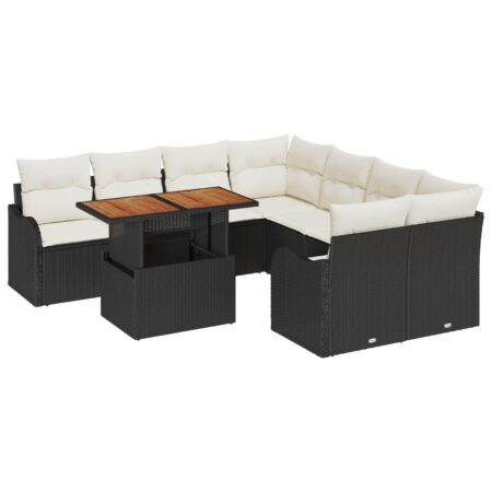 Havesofa sæt i polyrattan - 7 dele, sort/creme, med bord og puder