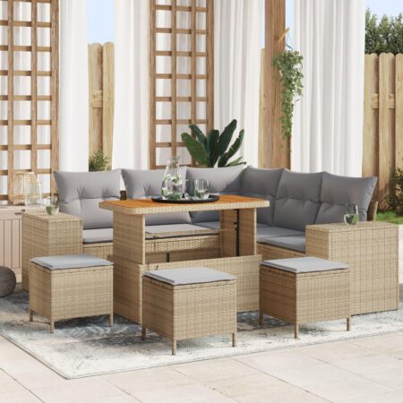 Havesofa sæt i polyrattan - 9 dele, beige/lysegrå, modulær med bord