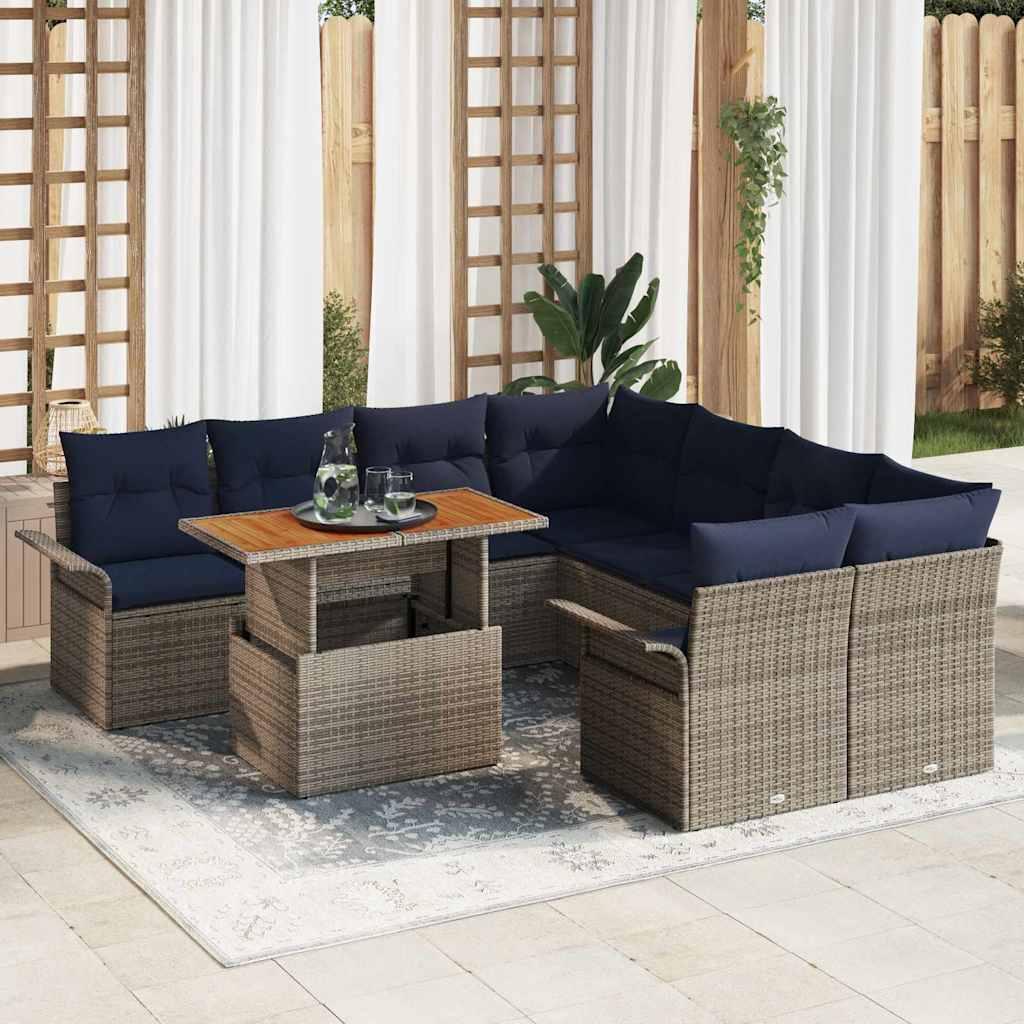 Havesofa sæt i polyrattan - 9 dele, grå/marineblå med højdejusterbart bord Havesofa sæt i polyrattan - 9 dele, grå/marineblå med højdejusterbart bord