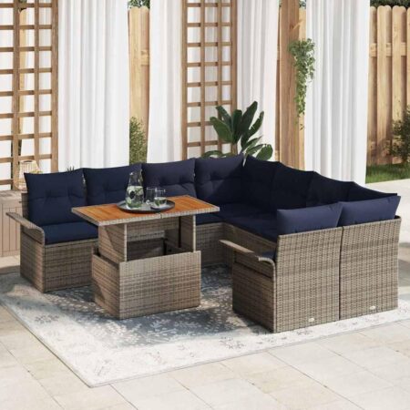 Havesofa sæt i polyrattan - 9 dele, grå/marineblå med højdejusterbart bord