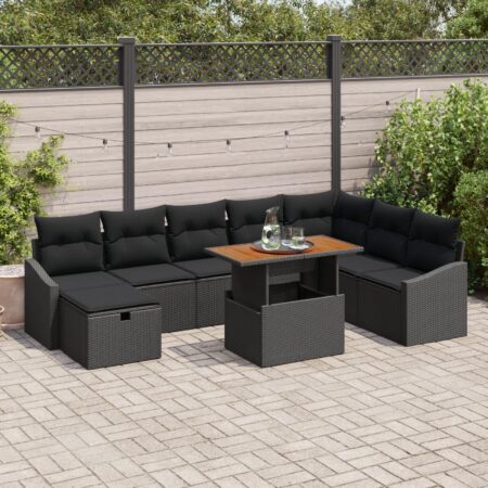Havesofa sæt i polyrattan - 9 dele, sort, højdejusterbart bord
