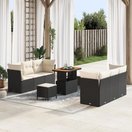 Havesofa sæt i polyrattan, 9 dele - sort/cream med justerbart bord