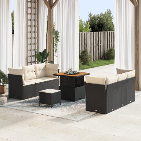 Havesofa sæt i polyrattan - 9 dele, sort/creme, modulært med justerbart bord