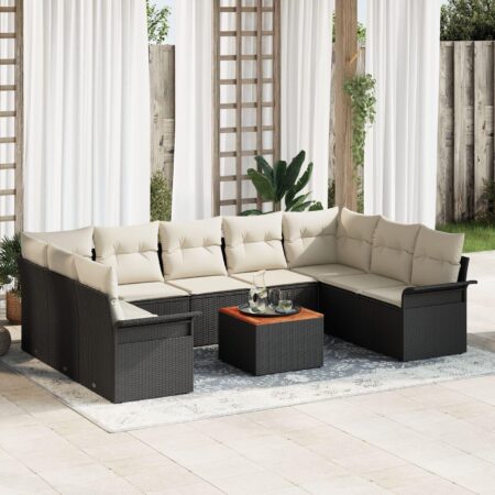 Havesofa sæt i sort polyrattan - 10 dele med puder og bord