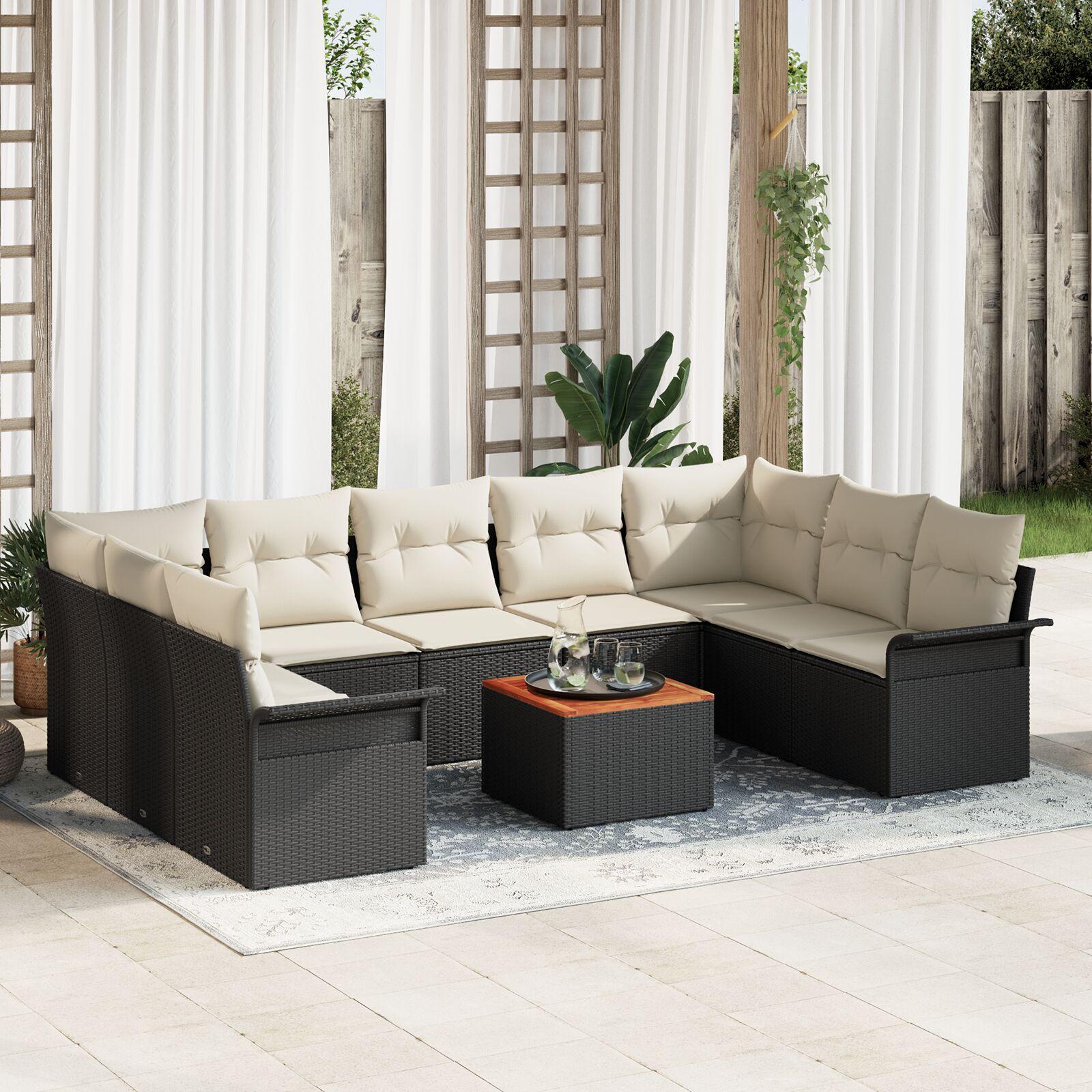 Havesofa sæt i sort polyrattan - 10 dele med puder og bord Havesofa sæt i sort polyrattan - 10 dele med puder og bord