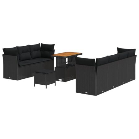 Havesofa sæt i sort polyrattan - 10 dele, modulært loungemøbel med justerbart bord