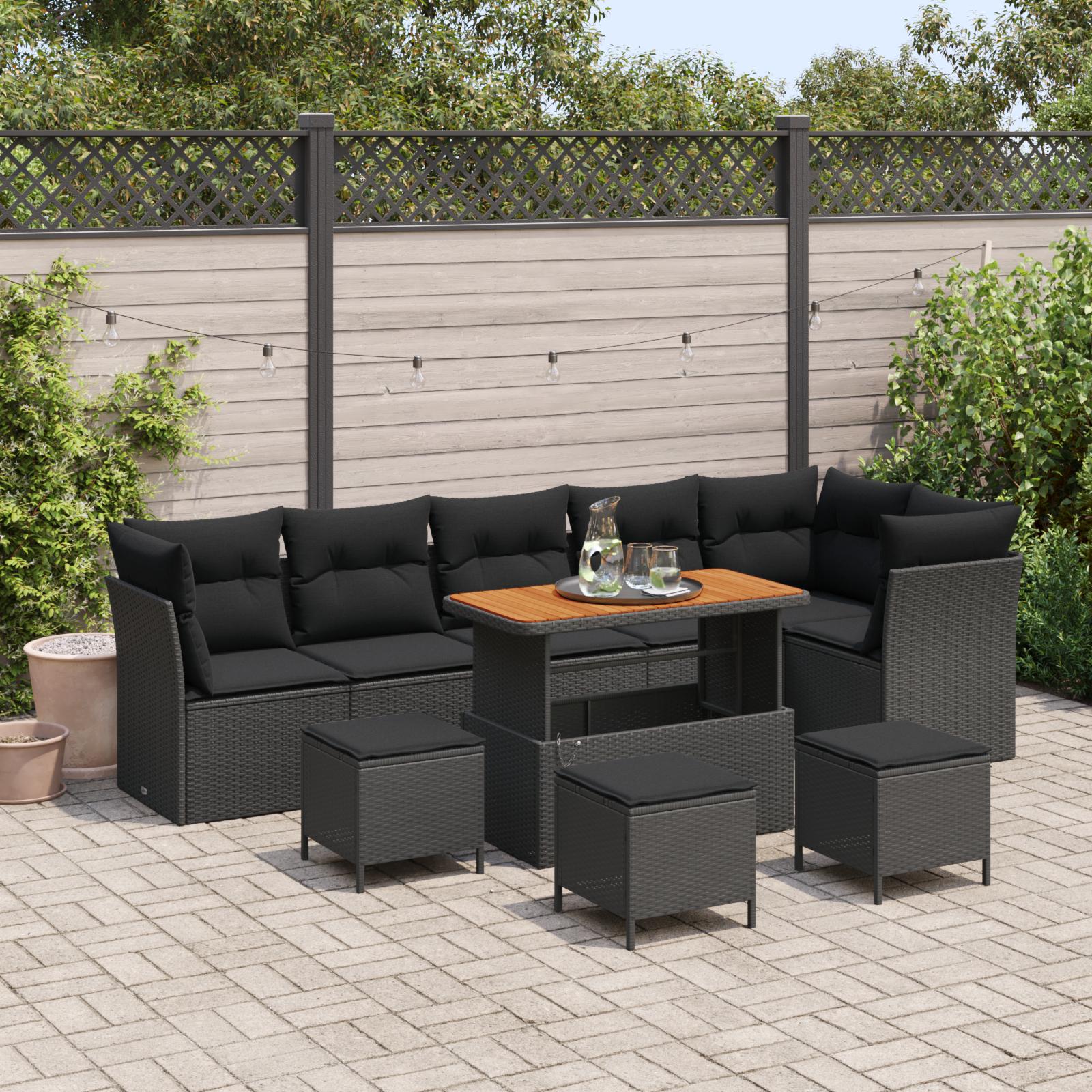 Havesofa-sæt i sort polyrattan - 10 dele, modulært med justerbart bord Havesofa-sæt i sort polyrattan - 10 dele, modulært med justerbart bord