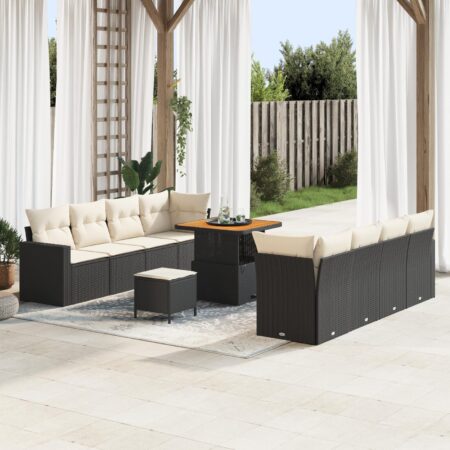 Havesofa sæt i sort polyrattan - 11 dele med bord og puder
