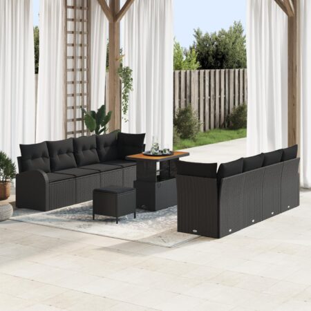 Havesofa-sæt i sort polyrattan - 11 dele med højdejusterbart bord