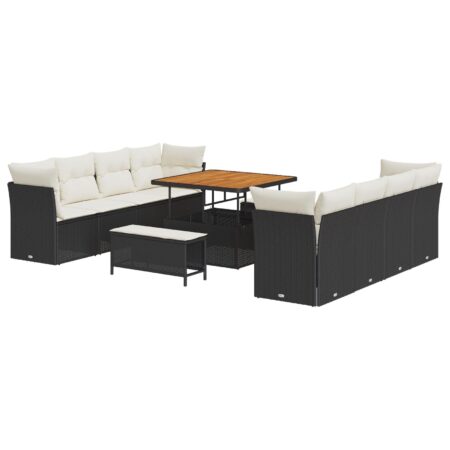 Havesofa sæt i sort polyrattan - 11 dele med justerbart bord