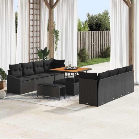 Havesofa-sæt i sort polyrattan - 11 dele, modulært loungemøbel med bord