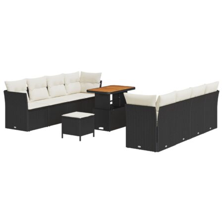 Havesofa sæt i sort polyrattan - 11 dele, modulopbygget med justerbart bord