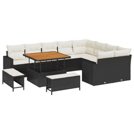 Havesofa sæt i sort polyrattan - 12 dele, modulært med justerbart bord