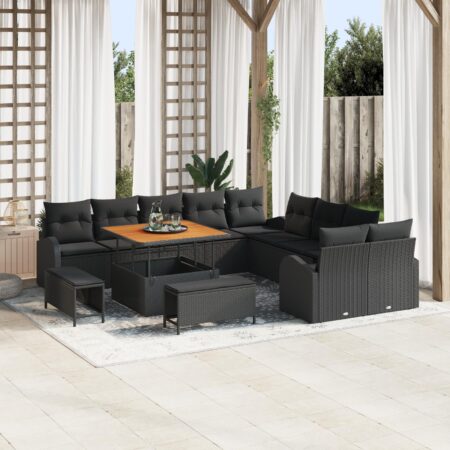 Havesofa-sæt i sort polyrattan - 13 dele med højdejusterbart bord